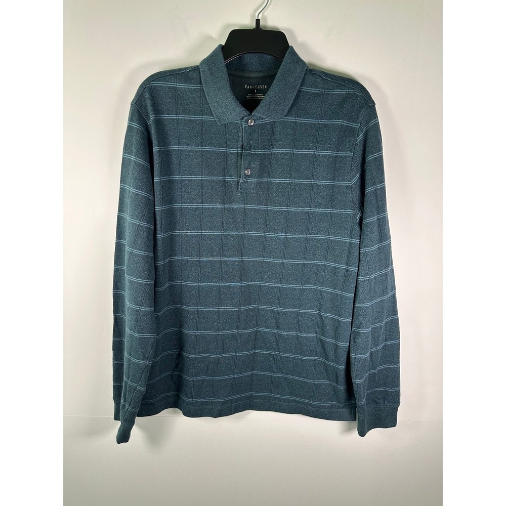 Van Heusen Polo Shirt Mens L Long Sleeve Collared Knit Windowpane Check Teal